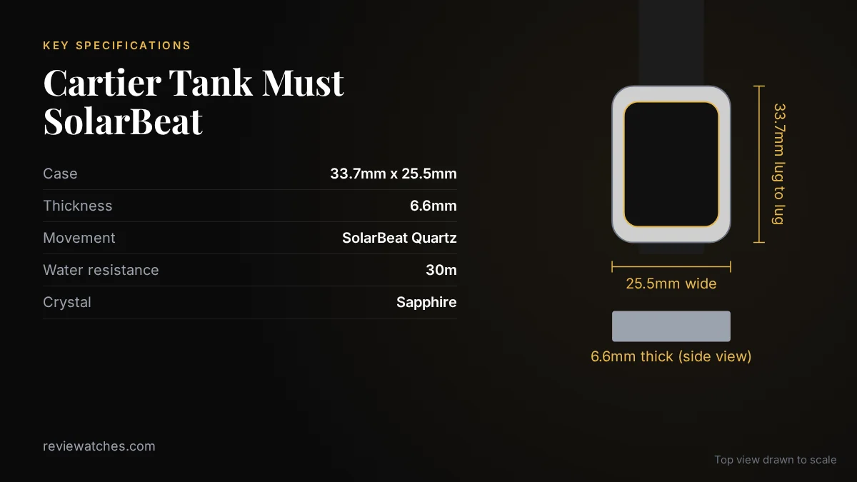 Cartier Tank Must SolarBeat: The Dress Watch That Actually Makes Sense: key specifications and case size drawn to scale