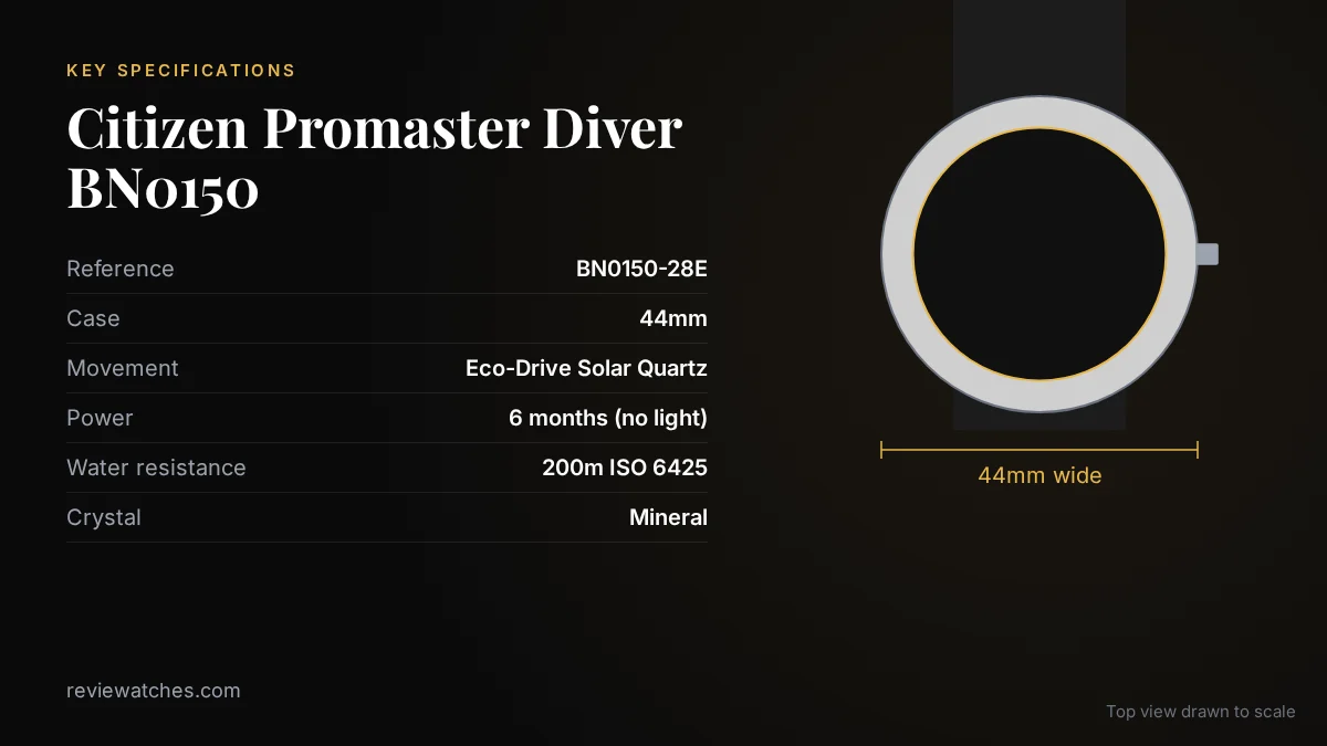 Citizen Promaster Diver BN0150: The Dive Watch Nobody Talks About: key specifications and case size drawn to scale