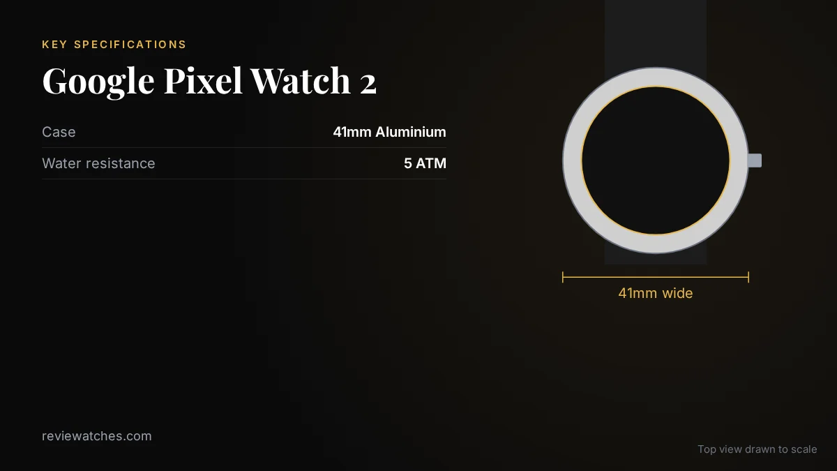 Google Pixel Watch 2: The Smartwatch Android Users Deserve: key specifications and case size drawn to scale