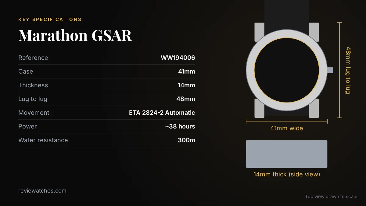 Marathon GSAR: The Only Real Military Watch You Can Buy: key specifications and case size drawn to scale