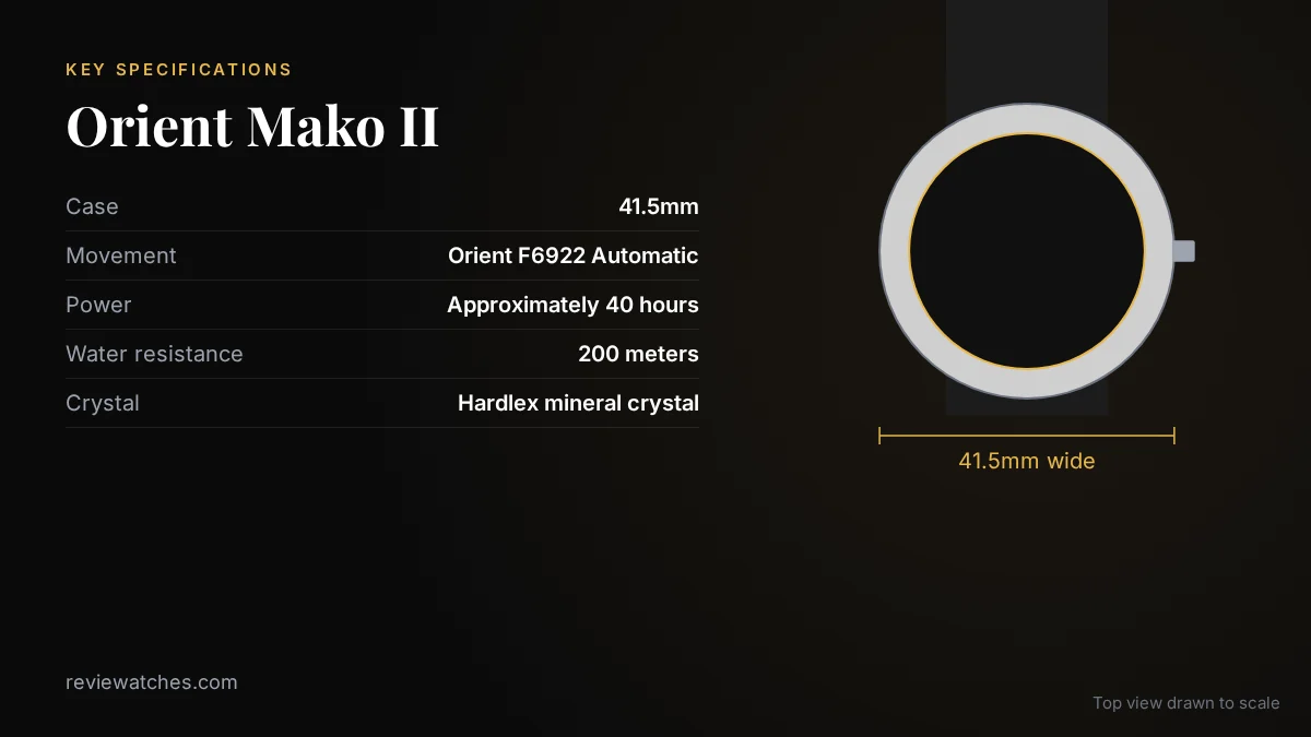 Orient Mako II: The Best $150 You'll Ever Spend on a Watch: key specifications and case size drawn to scale