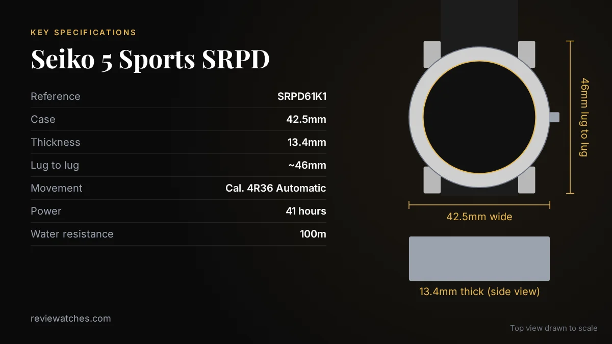 Seiko 5 Sports SRPD: The Best Budget Automatic That Isn't a Dive Watch: key specifications and case size drawn to scale