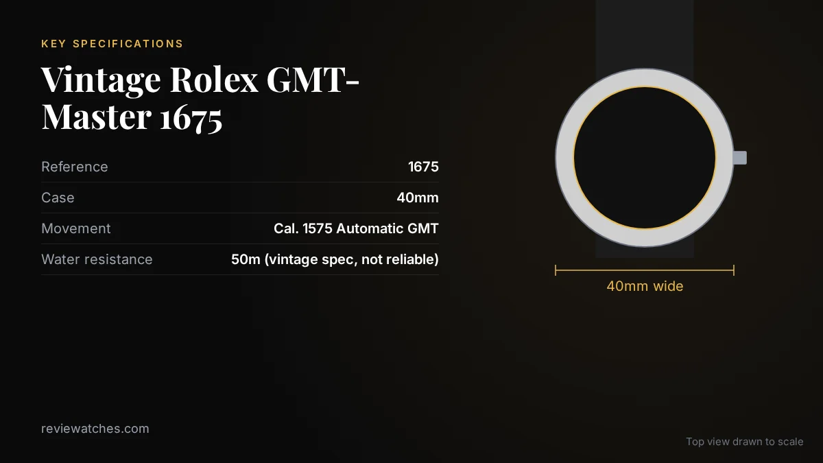 Buying a Vintage Rolex GMT-Master 1675: What Buyers Need to Know: key specifications and case size drawn to scale